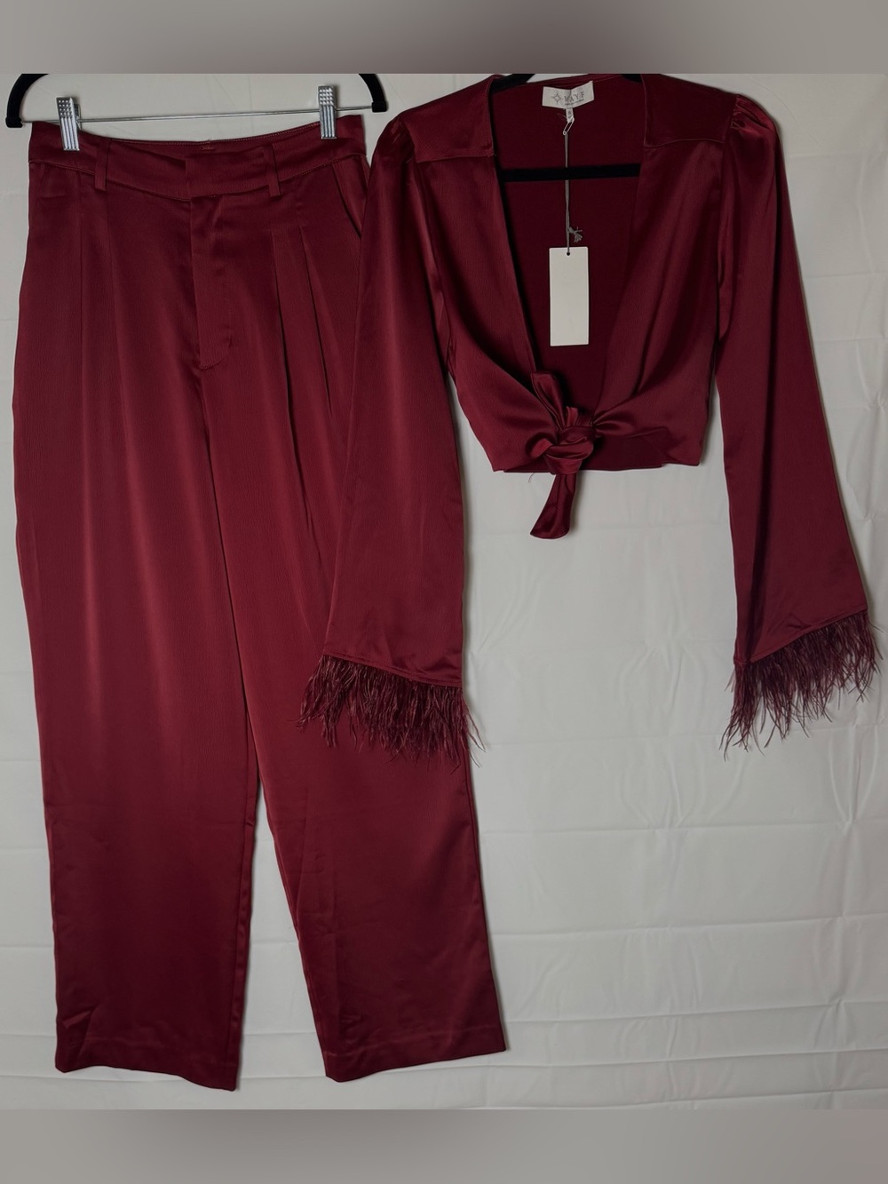 Wayf Women Red Two Pieces Set Pants Wide Leg Tailored Trousers Satin Wrap Top, S - Picture 3 of 15